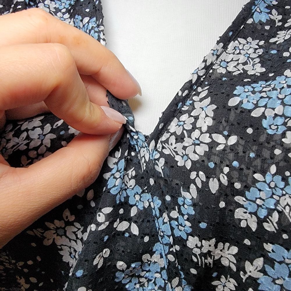 VERONICA BEARD Sean Silk Mini Dress Sz 2 Blue Black Floral Bell Sleeve Sheer - Picture 10 of 12